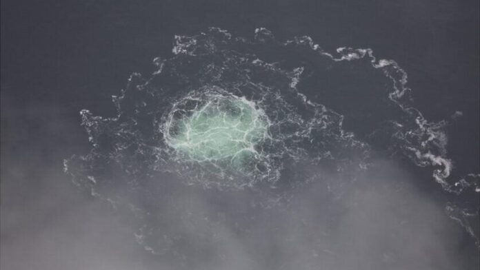 Aerial view of gas bubbling to the surface of the Baltic Sea from a Nord Stream 2 leak