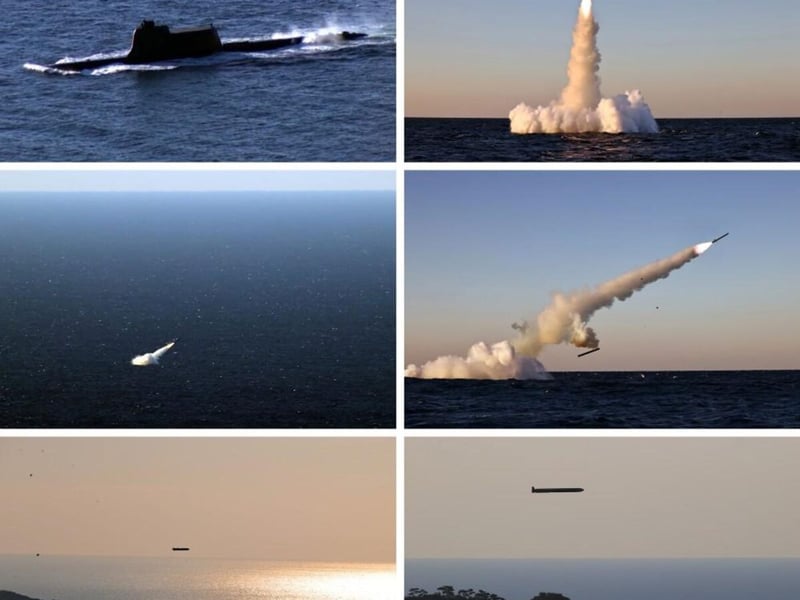 Six-panel set of KCNA photographs showing a surfaced submarine and cruise missiles rising from the sea