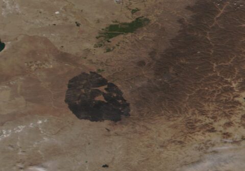 Satellite image of eastern Mongolia showing a large dark burn scar on brown steppe after the Numrug reserve fire