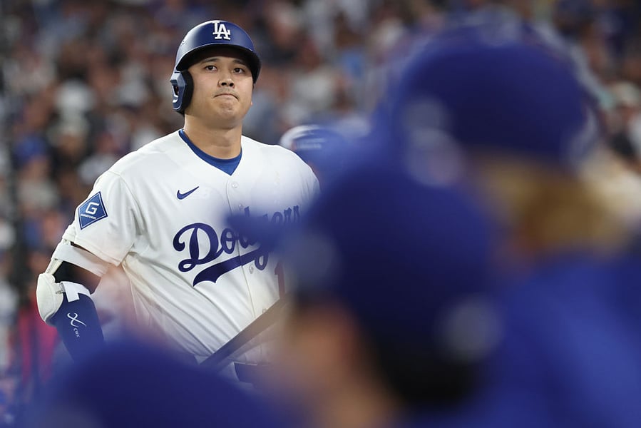 Shohei Ohtani reacts after striking out in the seventh inning of NLCS Game 4 against Milwaukee at Dodger Stadium on October 15, 2026.