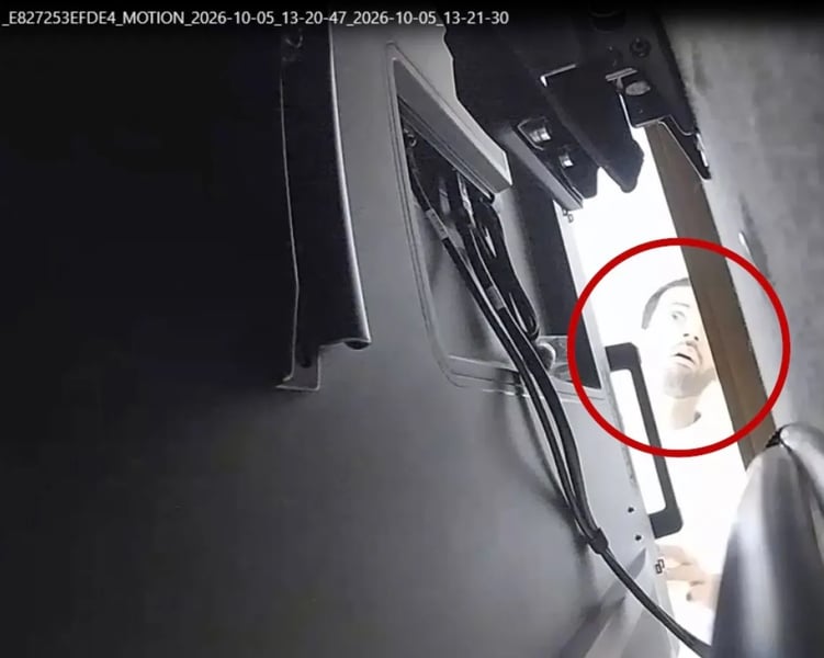 Surveillance camera still of a person, circled in red, looking behind a television in an office