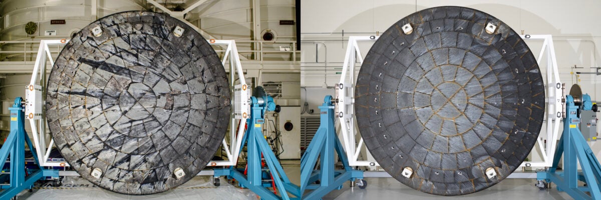 Side-by-side view of the Orion heat shields from Artemis I, left, with visible cracking, and Artemis II, right, after removal from their crew modules