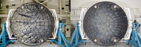 Side-by-side view of the Orion heat shields from Artemis I, left, with visible cracking, and Artemis II, right, after removal from their crew modules
