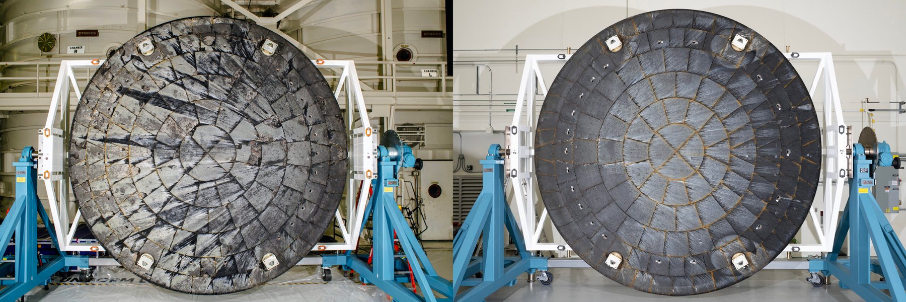 Side-by-side view of the Orion heat shields from Artemis I, left, with visible cracking, and Artemis II, right, after removal from their crew modules