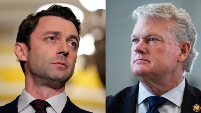 Side-by-side portraits of Sen. Jon Ossoff and Rep. Mike Collins