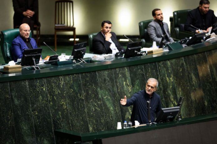 President Masoud Pezeshkian addresses Iran's parliament in a file photo from August 2024