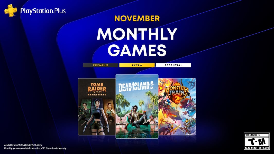 Promotional graphic for PlayStation Plus November 2026 Monthly Games showing Dead Island 2, Tomb Raider IV-VI Remastered and Monster Train 2