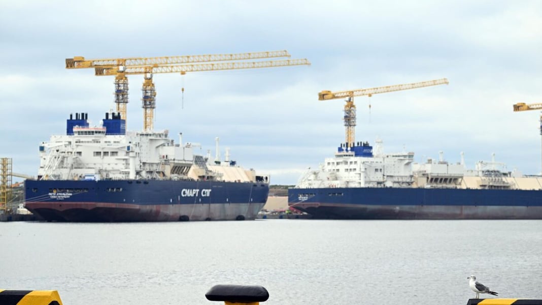 Two blue-hulled LNG tankers moored beside tower cranes at a shipyard pier, the nearer one marked Pyotr Stolypin
