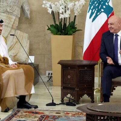 Qatar's Prime Minister Sheikh Mohammed bin Abdulrahman Al Thani seated opposite Lebanese President Joseph Aoun beside the Lebanese flag at Baabda Palace