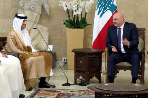 Qatar's Prime Minister Sheikh Mohammed bin Abdulrahman Al Thani seated opposite Lebanese President Joseph Aoun beside the Lebanese flag at Baabda Palace