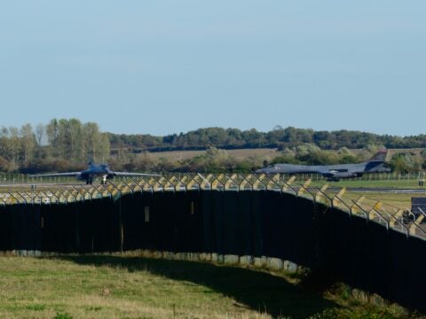 A US B-1 bomber taxis at RAF Fairford in Gloucestershire
