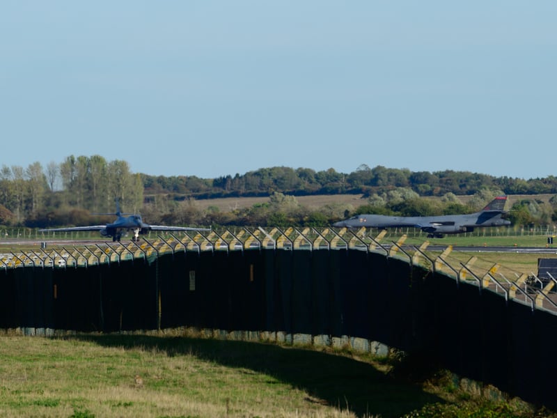 A US B-1 bomber taxis at RAF Fairford in Gloucestershire