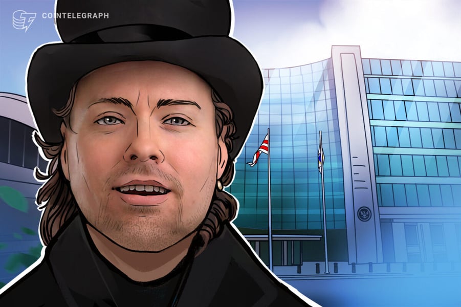 Illustration of Richard Heart in a top hat in front of the headquarters of the US Securities and Exchange Commission