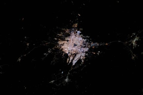 The city lights of Riyadh, Saudi Arabia, photographed at night from the International Space Station