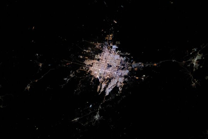 The city lights of Riyadh, Saudi Arabia, photographed at night from the International Space Station