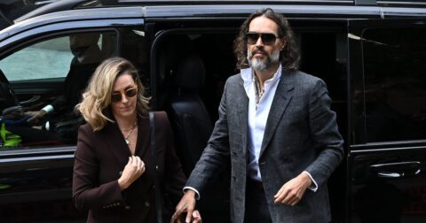Russell Brand arriving at Southwark Crown Court in London for the start of his trial on October 12, 2026