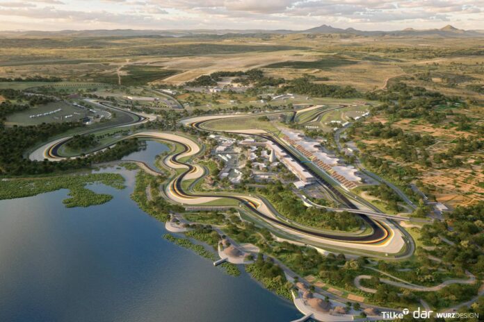 Aerial rendering of the planned Formula 1 African Grand Prix circuit at Bugesera beside a lake in Rwanda