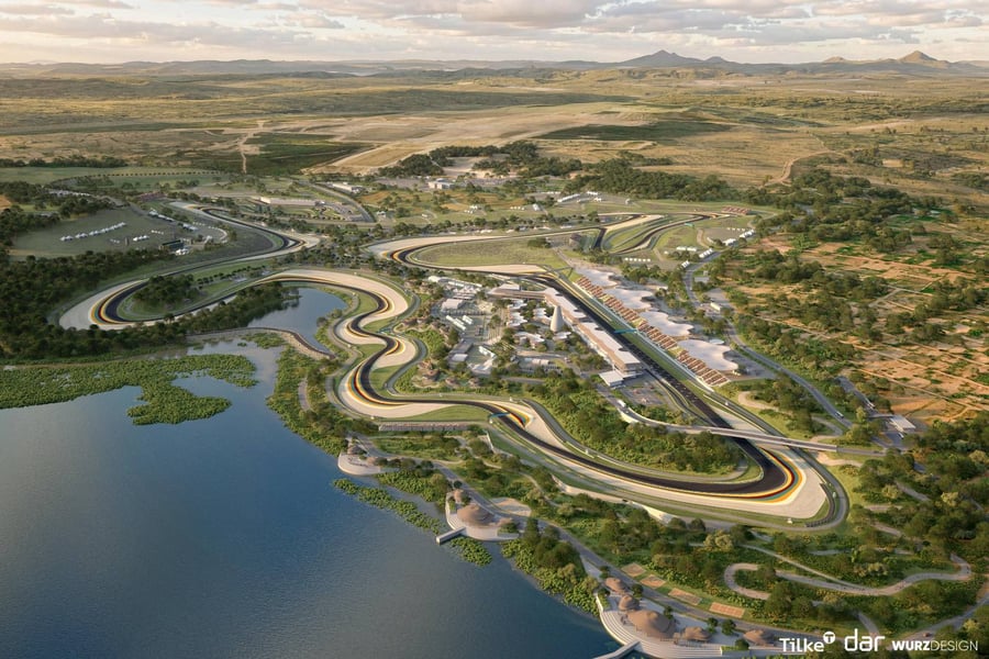 Aerial rendering of the planned Formula 1 African Grand Prix circuit at Bugesera beside a lake in Rwanda