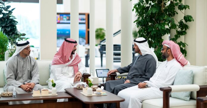 UAE President Sheikh Mohamed bin Zayed meets Saudi Defence Minister Prince Khalid bin Salman in Abu Dhabi, with two other officials seated at the table