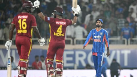 West Indies captain Shai Hope raising his bat as India captain Shreyas Iyer looks on in Ranchi