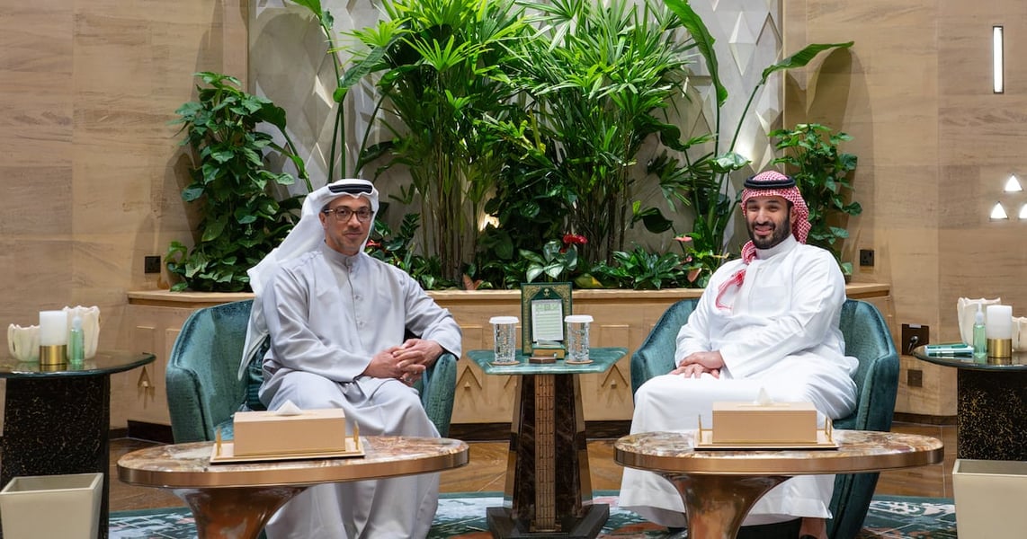 Sheikh Mansour bin Zayed and Saudi Crown Prince Mohammed bin Salman seated in armchairs during a meeting in Riyadh