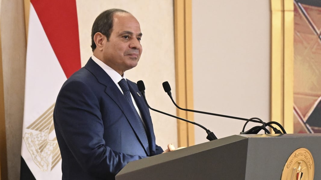 Egyptian President Abdel Fattah el-Sisi speaks at a podium bearing the presidential seal beside an Egyptian flag