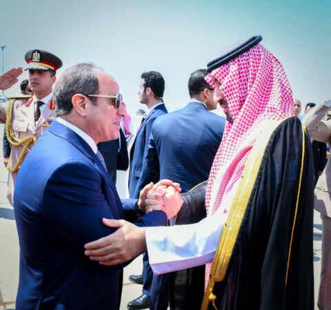 Egyptian President Abdel Fattah el-Sisi shakes hands with Saudi Crown Prince Mohammed bin Salman on a tarmac in Cairo as soldiers salute