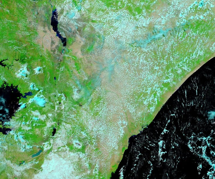 False-colour MODIS satellite image of southeastern Kenya with green vegetation, pale clouds, dark lakes and the Indian Ocean coastline