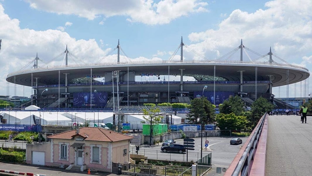 The Stade de France stadium in Saint-Denis outside Paris, dressed for the 2022 Champions League final