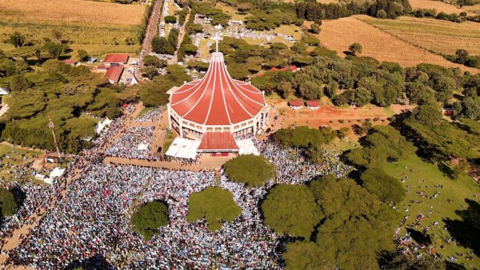Aerial view of a large crowd around the red-roofed Subukia National Marian Shrine in Kenya during the 2026 National Prayer Day