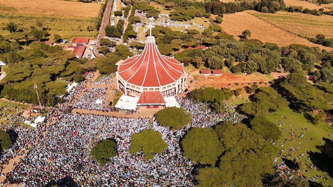 Aerial view of a large crowd around the red-roofed Subukia National Marian Shrine in Kenya during the 2026 National Prayer Day