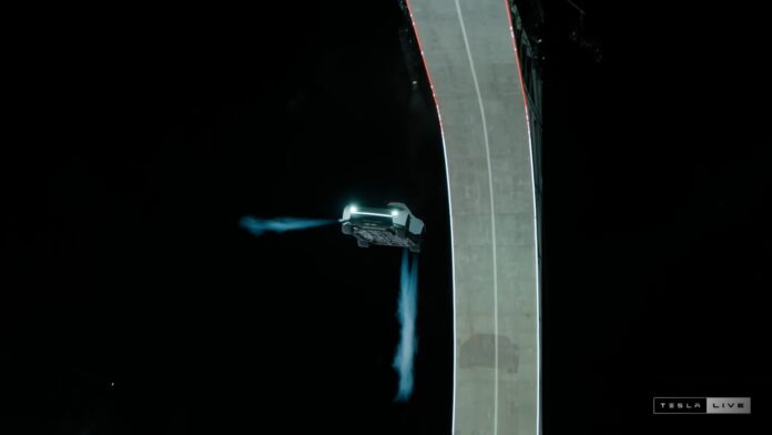 Tesla Roadster prototype flying through the night sky beside a curved ramp, with cold-gas thruster plumes, at the October 15, 2026 unveiling in McGregor, Texas