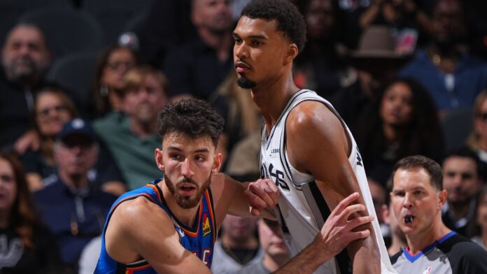 Image accompanying ESPN’s report on Chet Holmgren and Oklahoma City’s 116-104 opening-night win over San Antonio.