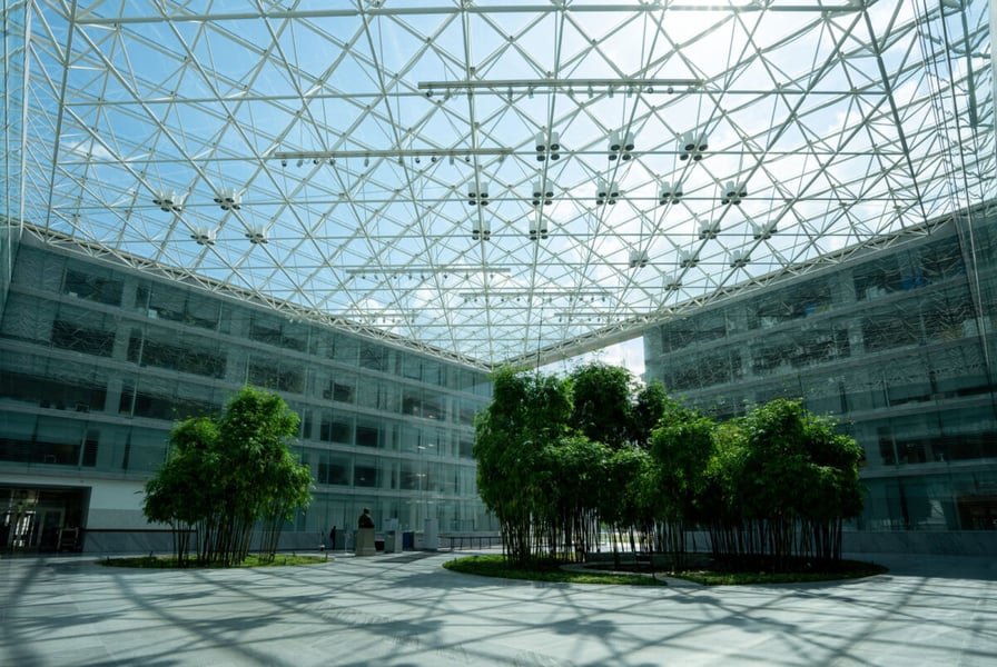 Glass-roofed atrium inside the Thurgood Marshall Federal Judiciary Building in Washington