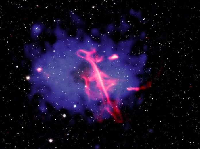 Composite image of the Treble Clef radio source, looping pink filaments inside a blue haze of hot cluster gas, with background stars