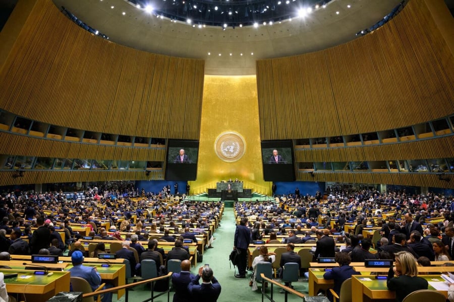 Delegates fill the United Nations General Assembly Hall during the opening of the eighty-first session, with the speaker shown on two screens