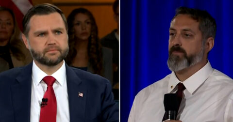 Vice President JD Vance, left, and Joey Amor in a split-screen frame from CBS News coverage of the town hall exchange