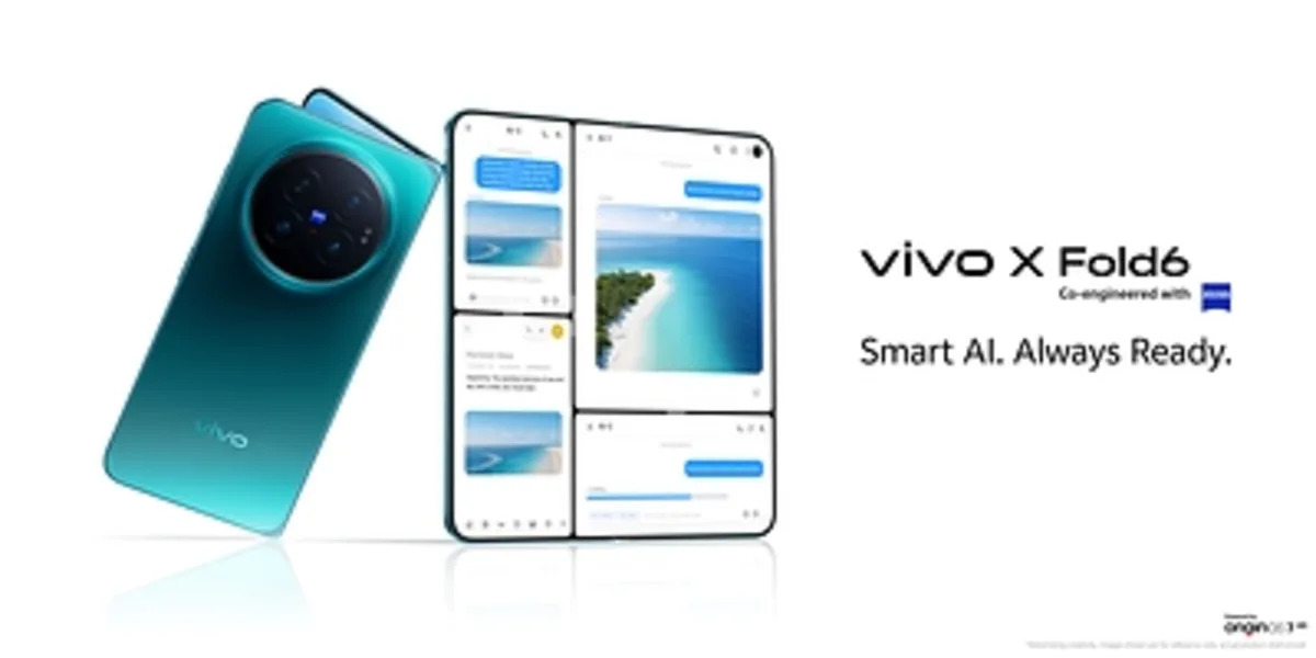 Vivo X Fold6 promotional image showing the foldable smartphone and its multitasking display