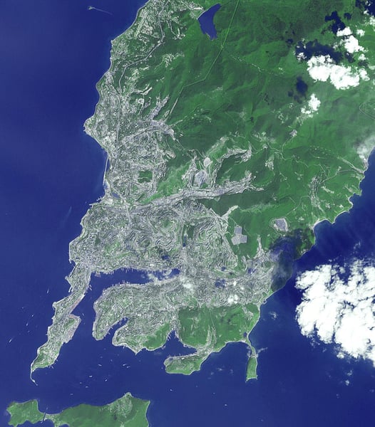 Satellite view of Vladivostok, home port of the Russian Pacific Fleet, on the Golden Horn Bay