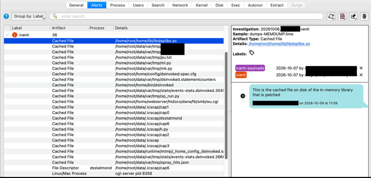 Screenshot of Volexity's Volcano forensic tool listing 36 alerts for cached files on the compromised Ivanti appliance, with investigator names blacked out