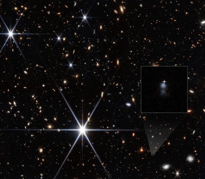 Webb NIRCam image of a star field and distant galaxies with an inset enlarging a small blue dwarf galaxy marked by a white cross
