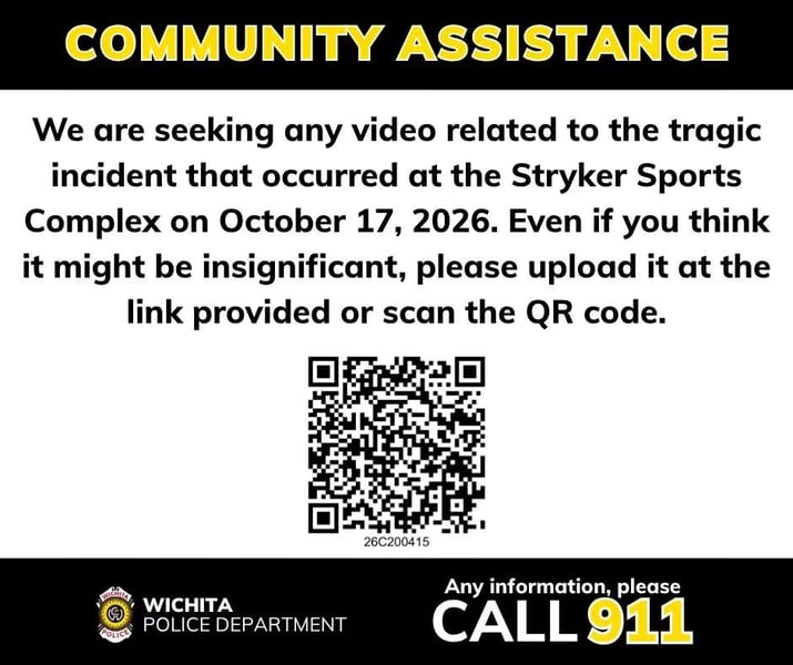 Wichita Police Department graphic reading Community Assistance, asking for video of the incident at Stryker Sports Complex, with a QR code