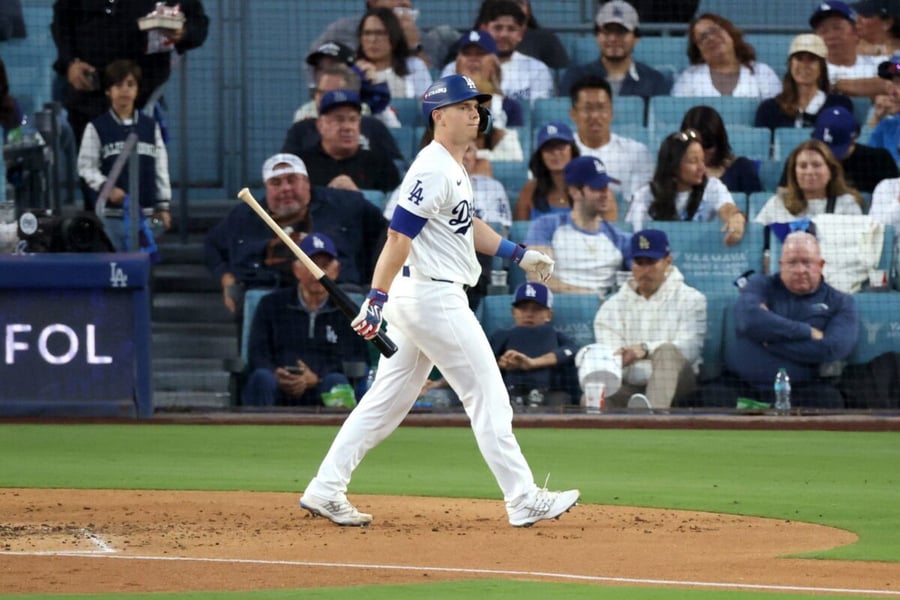 Los Angeles Dodgers catcher Will Smith at the plate during Game 3 of the NLCS at Dodger Stadium