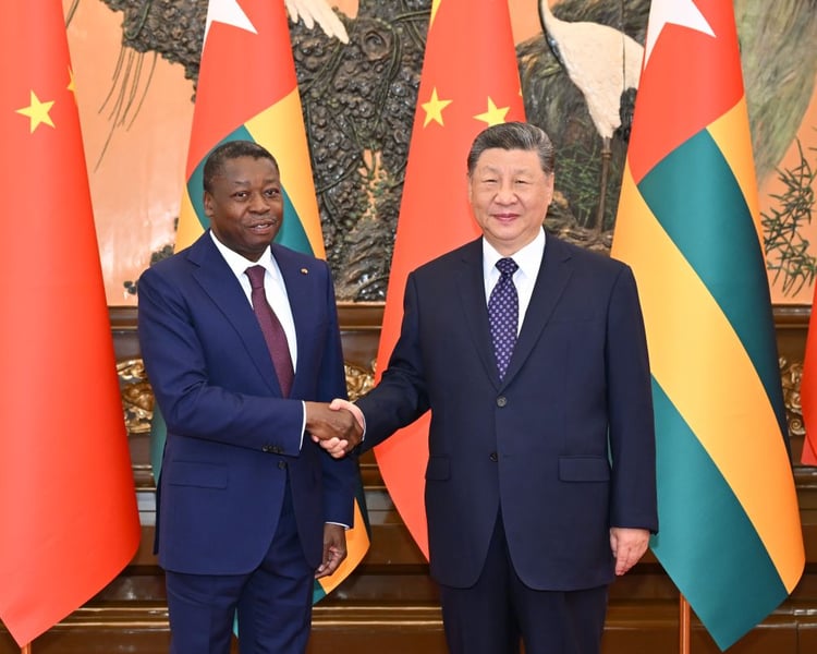 Xi Jinping shakes hands with Togo's Faure Essozimna Gnassingbé before talks at the Great Hall of the People in Beijing