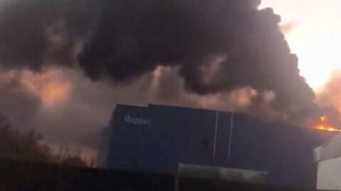 Smoke rising from Yandex's Sasovo data center hub in Russia's Ryazan region after a drone strike on October 8