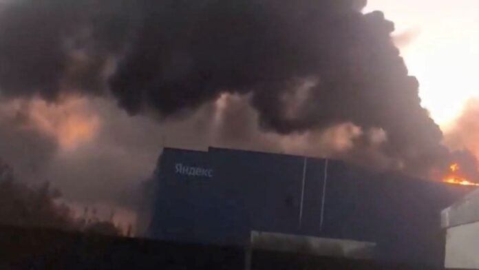 Smoke rising from Yandex's Sasovo data center hub in Russia's Ryazan region after a drone strike on October 8